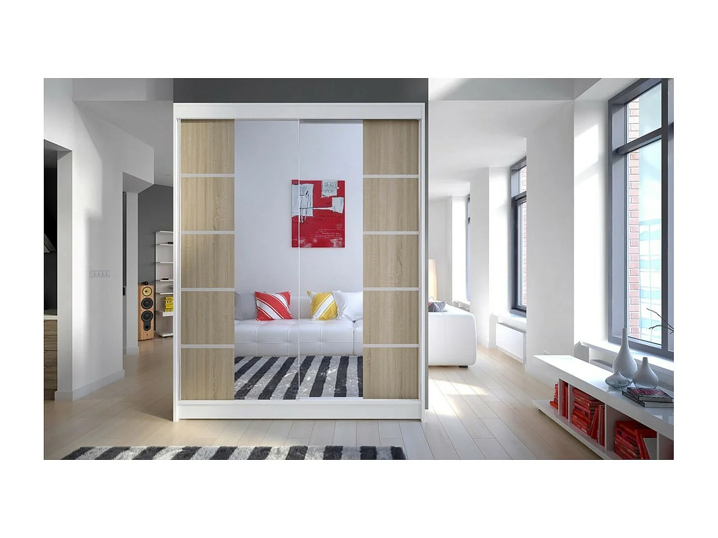 Armadio Swedy (150cm)/ante scorrevoli/specchio/Bianco&Sonoma