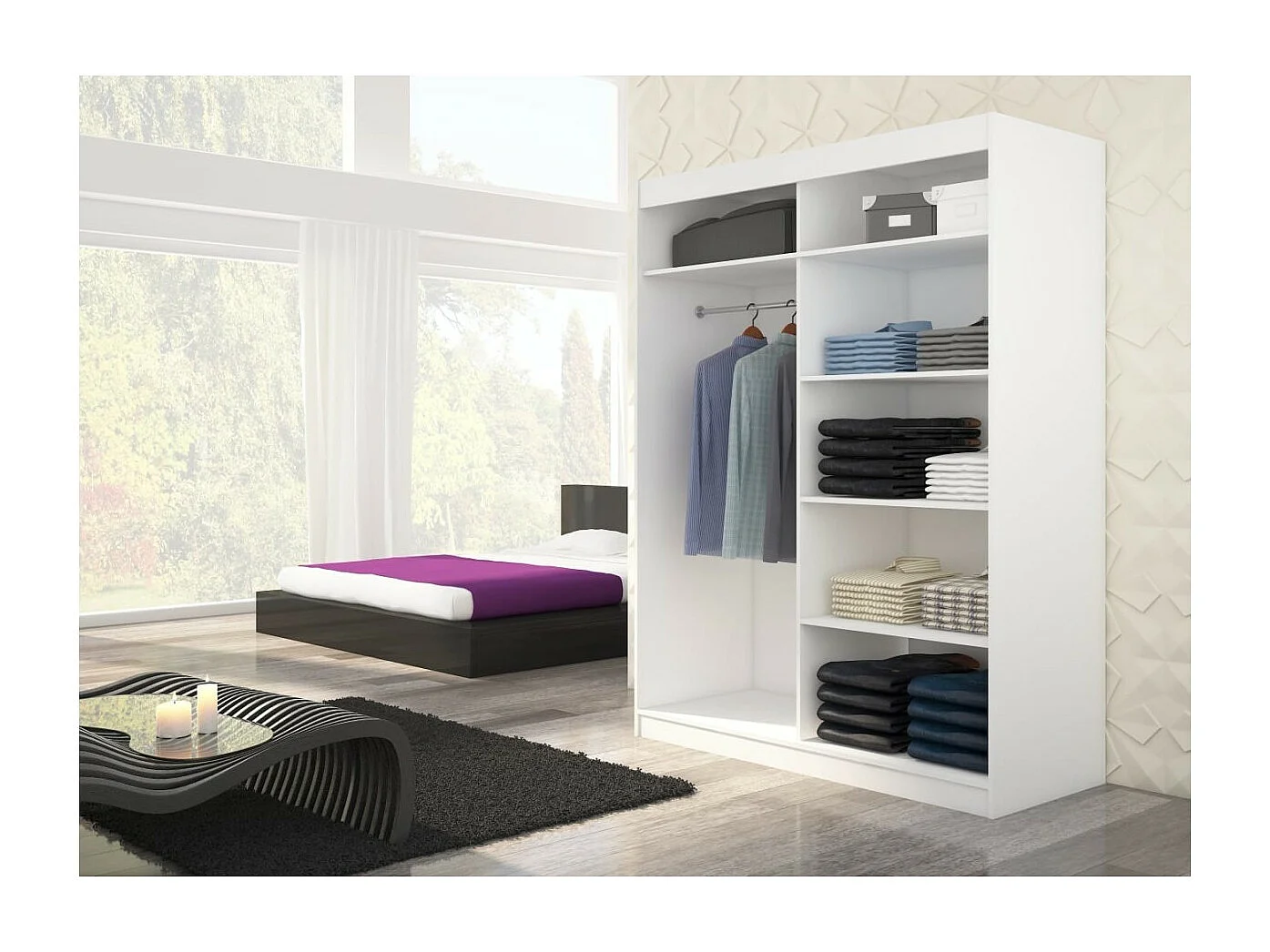 Armadio Swedy (150cm)/ante scorrevoli/specchio/Bianco&Sonoma