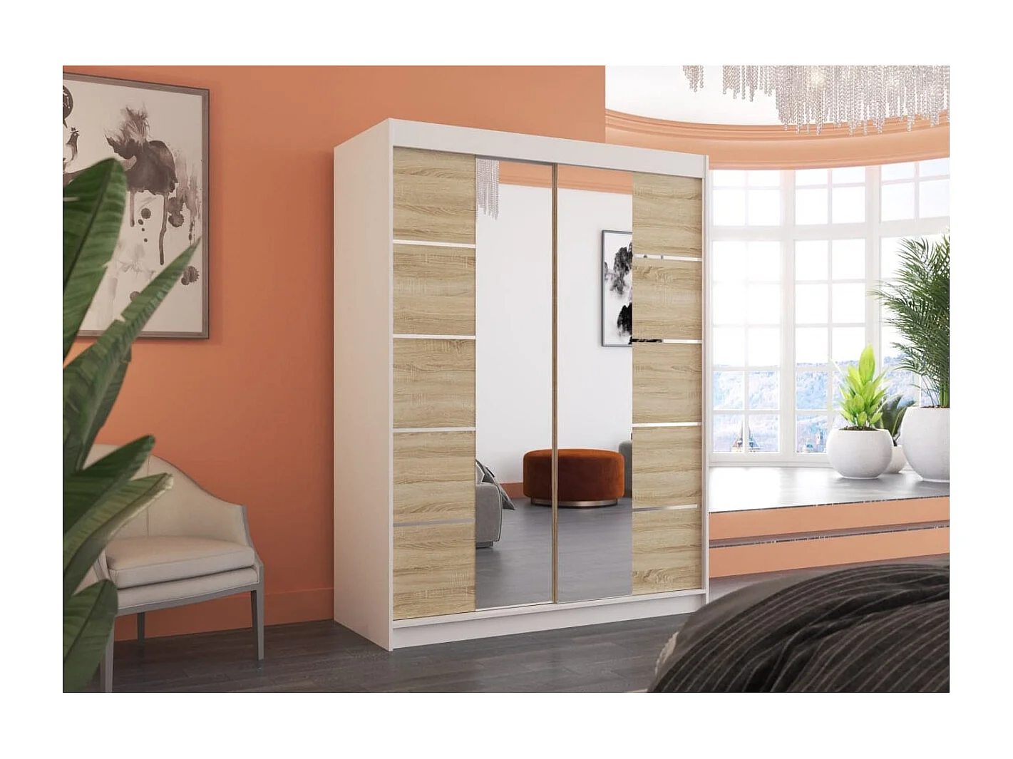 Kleiderschrank Swedy (150cm)/Schiebetüren/Spiegel/Weiss&Sonoma