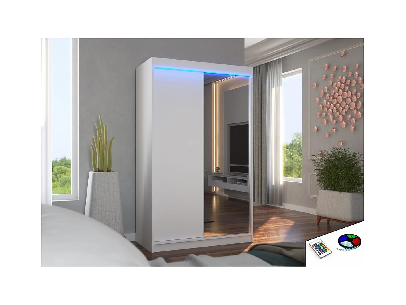 Armoire Reyna (120cm)/portes coulissantes/LED/miroir/Blanc