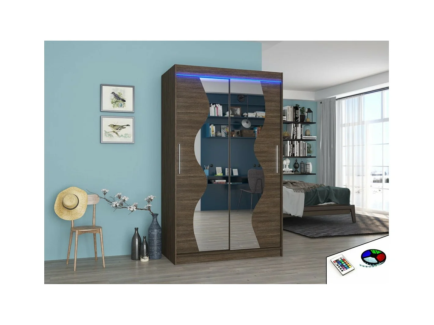 Armoire Roswald (120cm)/portes coulissantes/LED/miroir/Marron