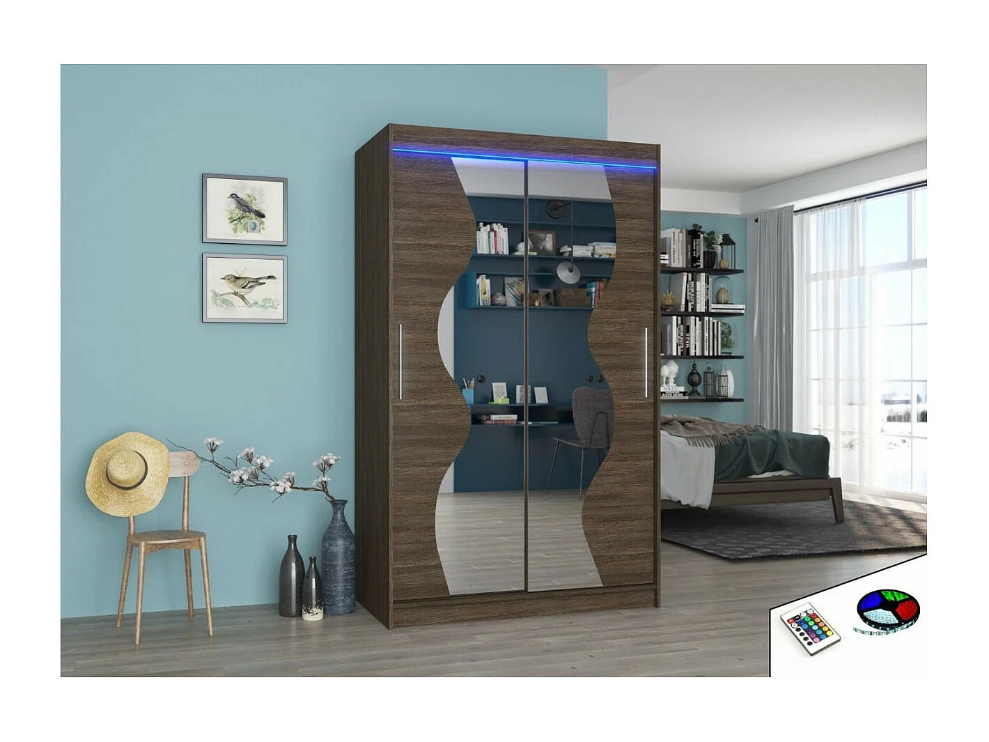 Kleiderschrank Roswald(120cm)/Schiebetüren/LED/Spiegel/Braun