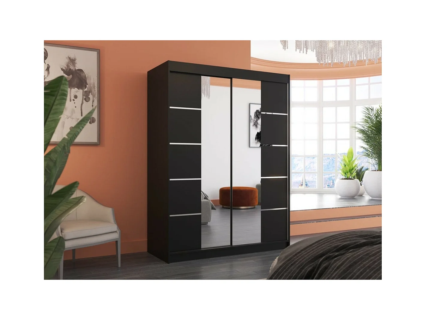 Armadio Swedy (150cm)/ante scorrevoli/specchio/Nero