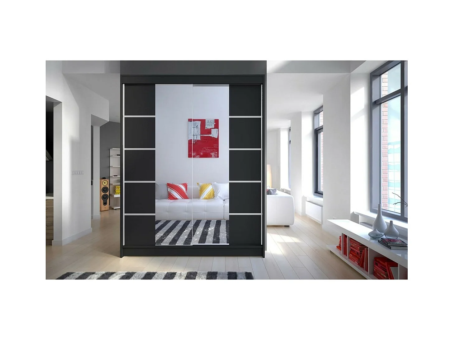 Armadio Swedy (150cm)/ante scorrevoli/specchio/Nero