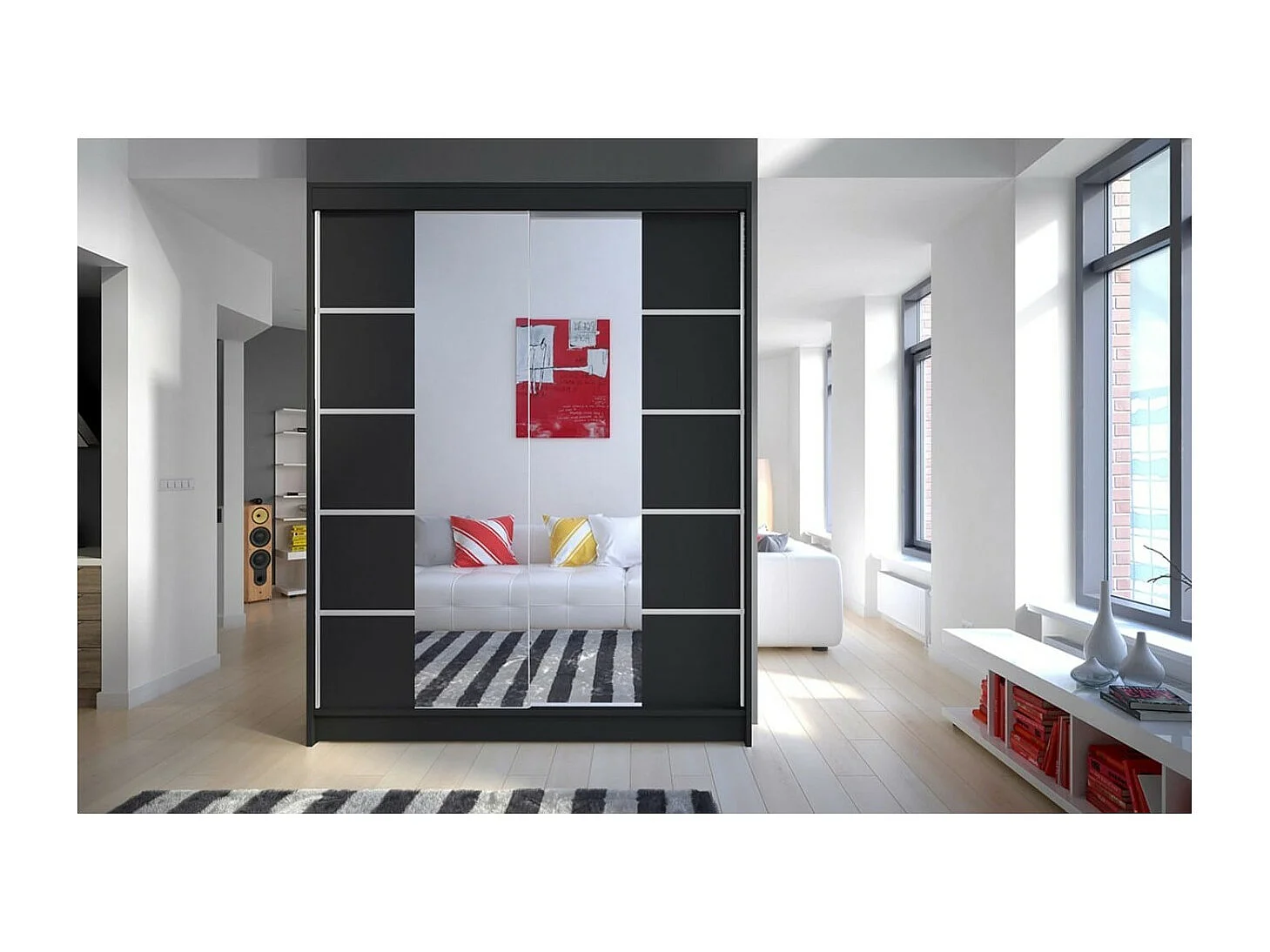 Kleiderschrank Swedy (150cm)/Schiebetüren/Spiegel/Schwarz