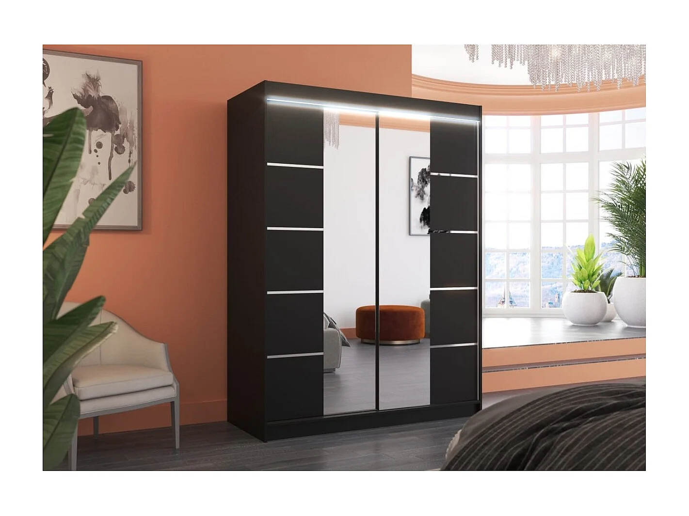 Kleiderschrank Swedy (150cm)/Schiebetüren/LED/Spiegel/Schwarz