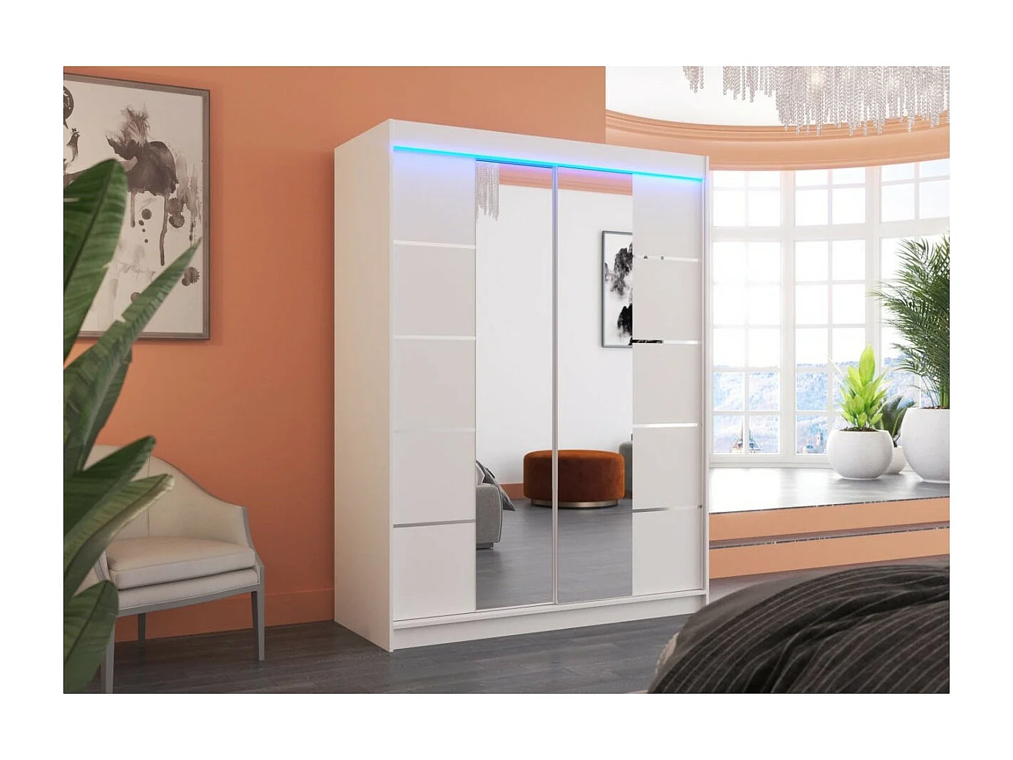 Armoire Swedy (150cm)/portes coulissantes/LED/miroir/Blanc