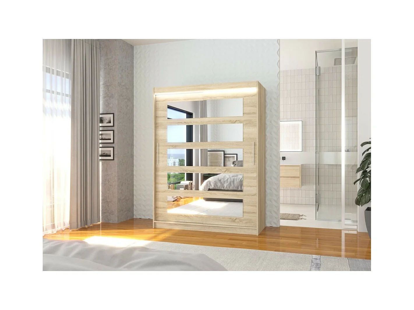 Armadio Fran (150cm)/ante scorrevoli/LED/specchio/Sonoma