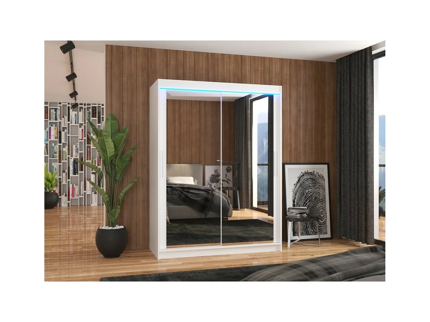 Kleiderschrank Vermo (150cm)/Schiebetüren/LED/Spiegel/Weiss