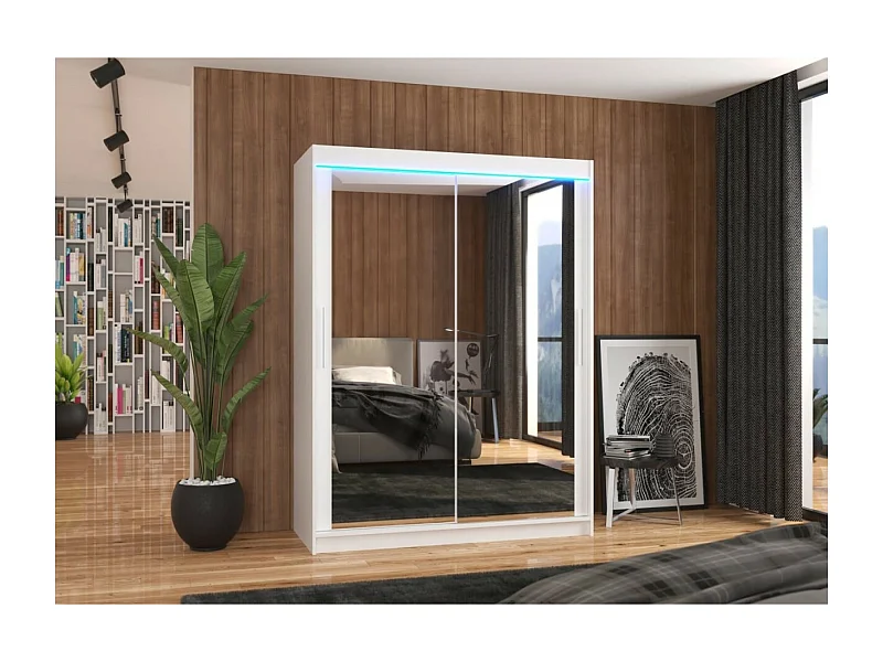 Kleiderschrank Vermo (150cm)/Schiebetüren/LED/Spiegel/Weiss