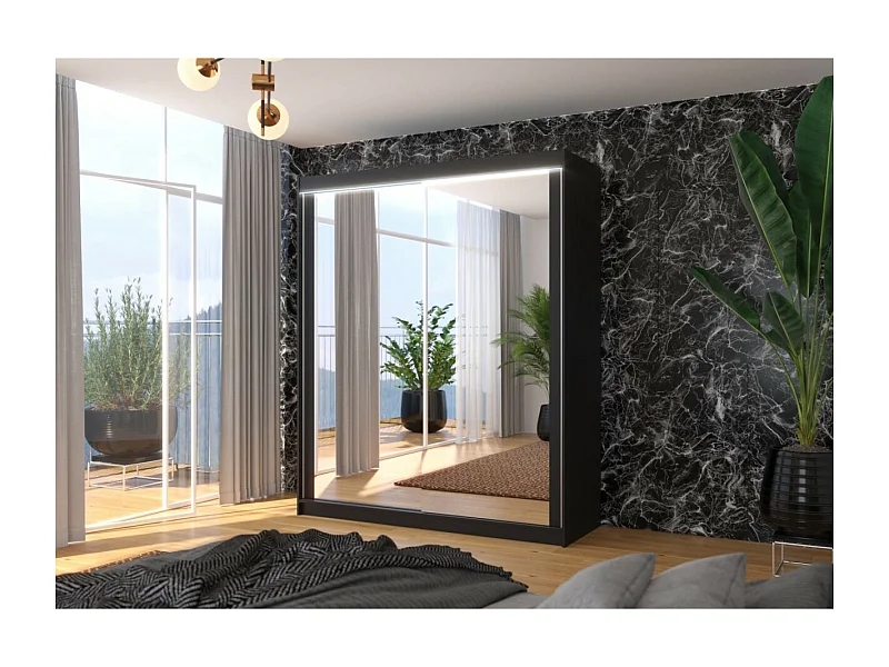 Armoire Morenz (180cm)/portes coulissantes/miroir//LED/noir