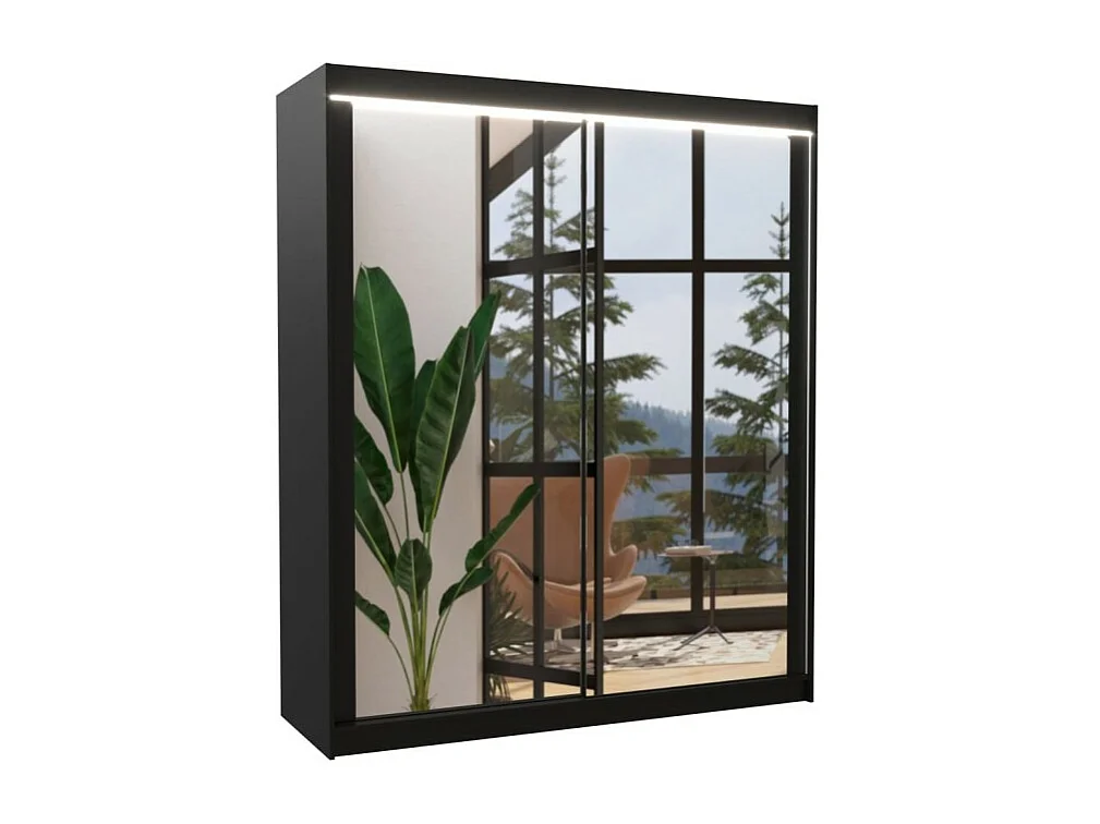 Kleiderschrank Morenz (180cm)/Schiebetüren/Spiegel//LED/Schwarz