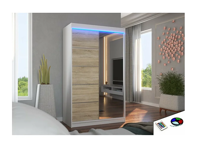 Armoire Lamma (120cm)/portes coulissantes/LED/miroir/Blanc&Sonoma