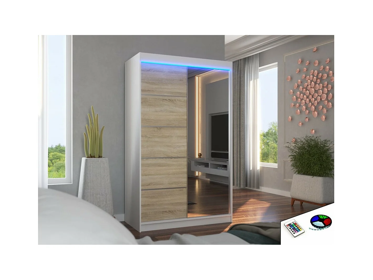 Armoire Lamma (120cm)/portes coulissantes/LED/miroir/Blanc&Sonoma