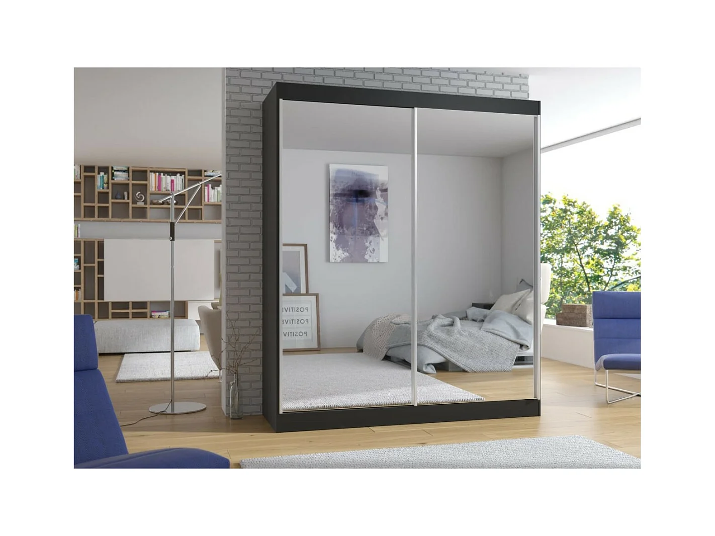 Armadio Morenz (180 cm)/ante scorrevoli/specchio/nero