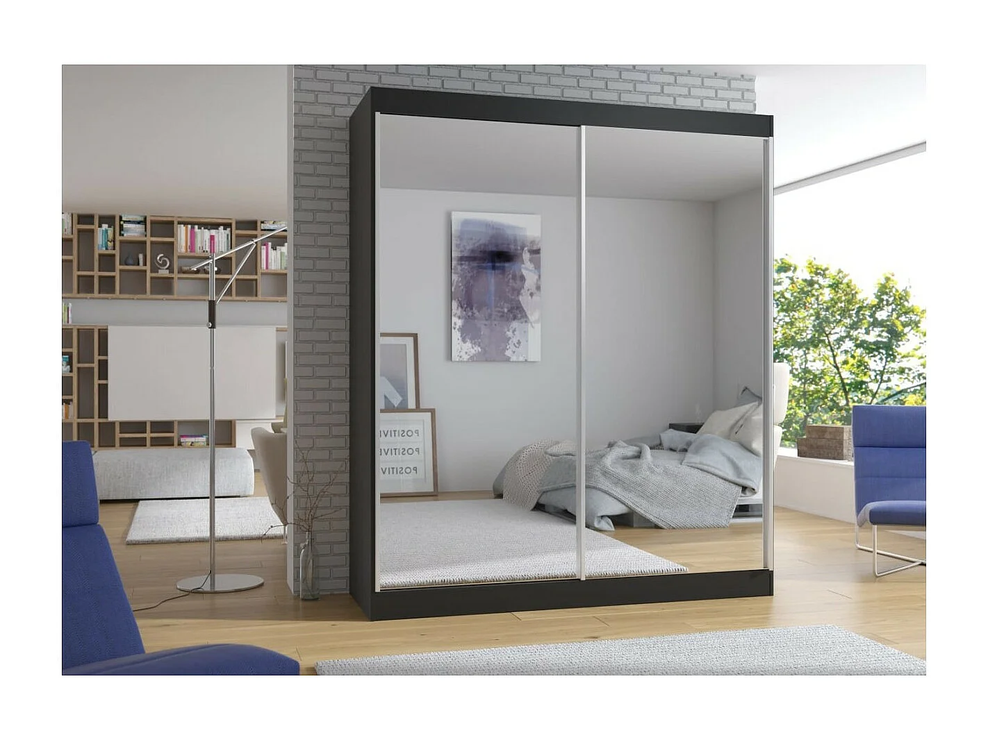 Armoire Morenz (180cm)/portes coulissantes/miroir/noir