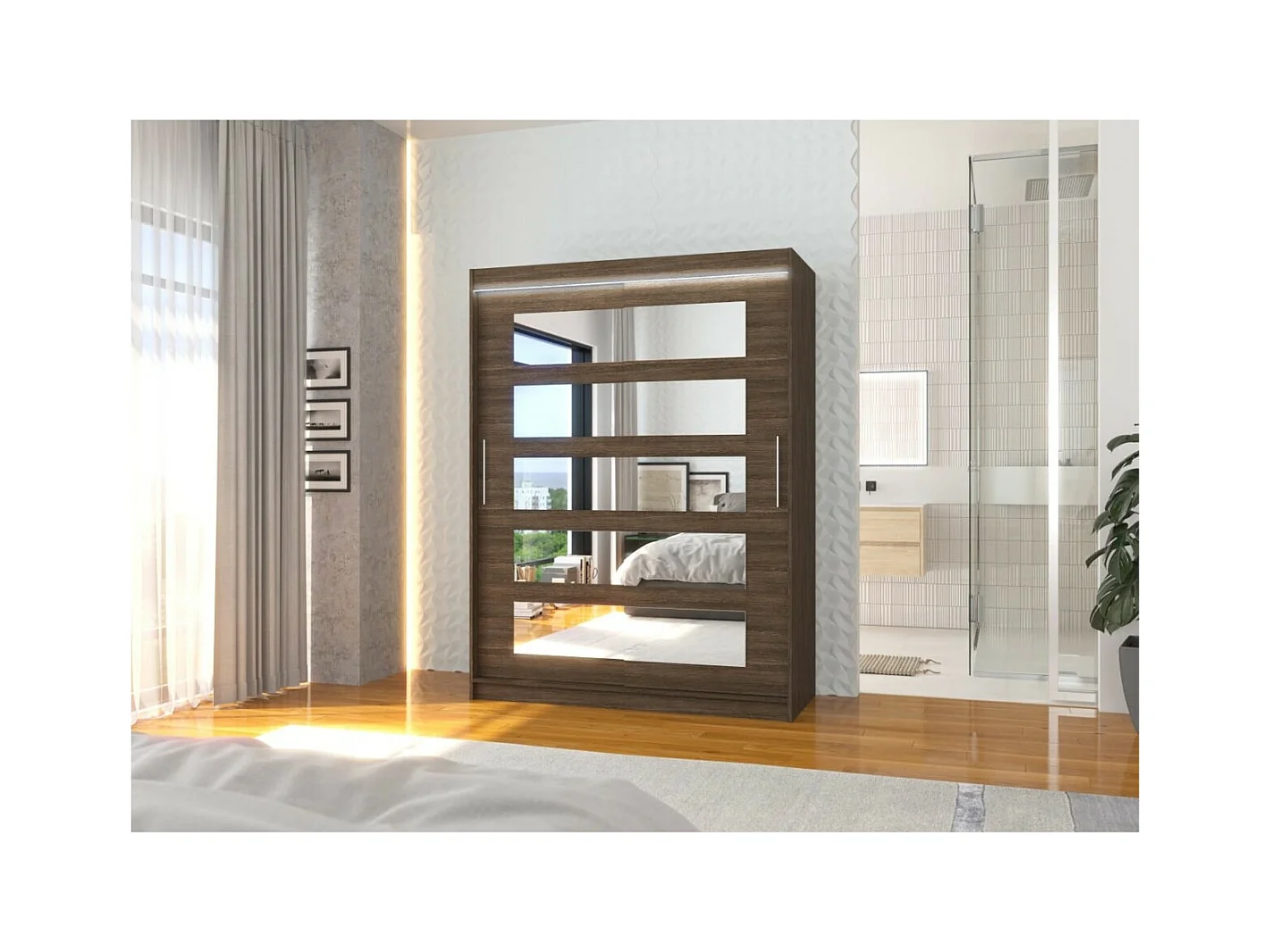 Armoire Fran (150cm)/portes coulissantes/LED/miroir/Marron