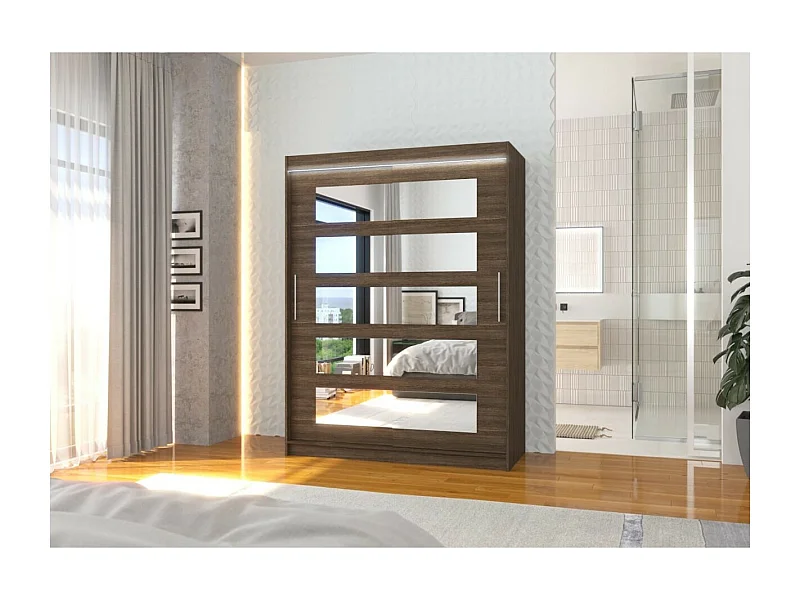 Kleiderschrank Fran(150cm)/Schiebetüren/LED/Spiegel/Braun