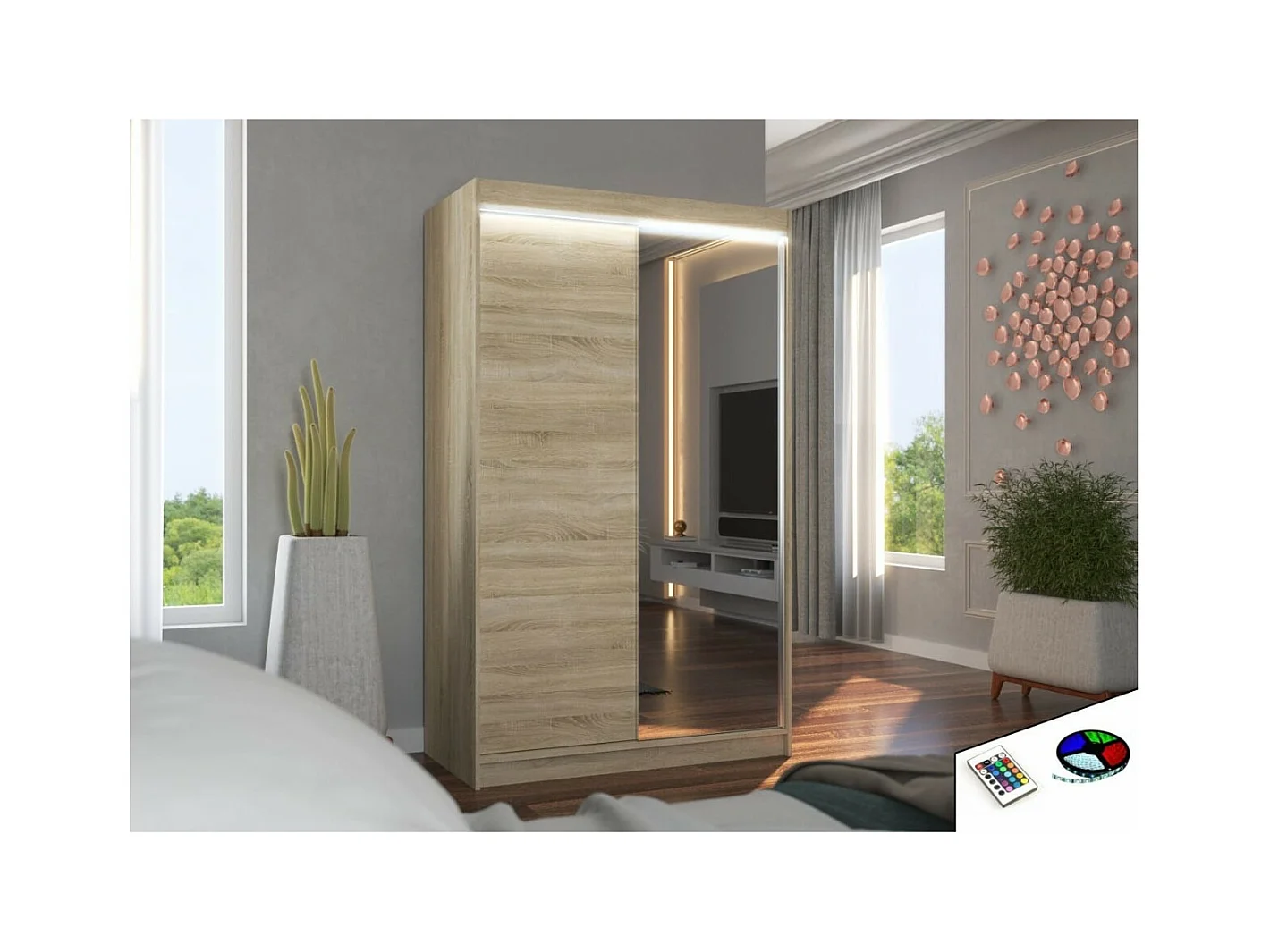 Armoire Reyna (120cm)/portes coulissantes/LED/miroir/Sonoma