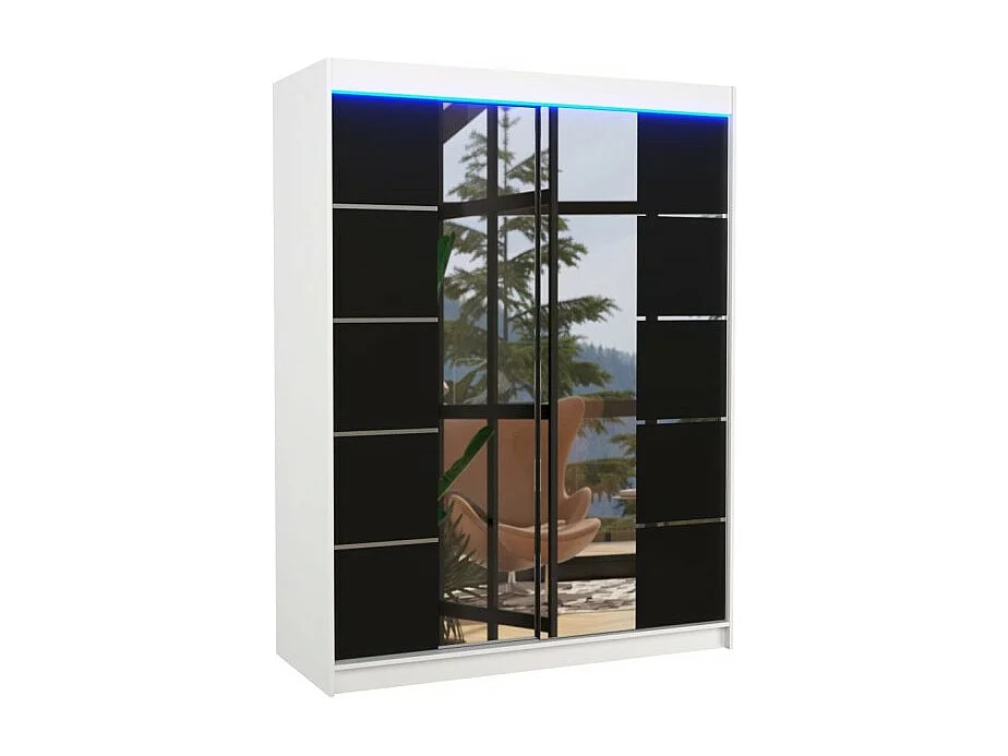 Armoire Swedy (150cm)/portes coulissantes/LED/miroir/Blanc&Noir
