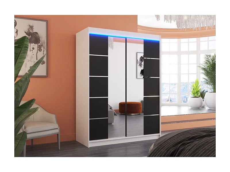 Kleiderschrank Swedy (150cm)/Schiebetüren/LED/Spiegel/Weiss&Schwarz