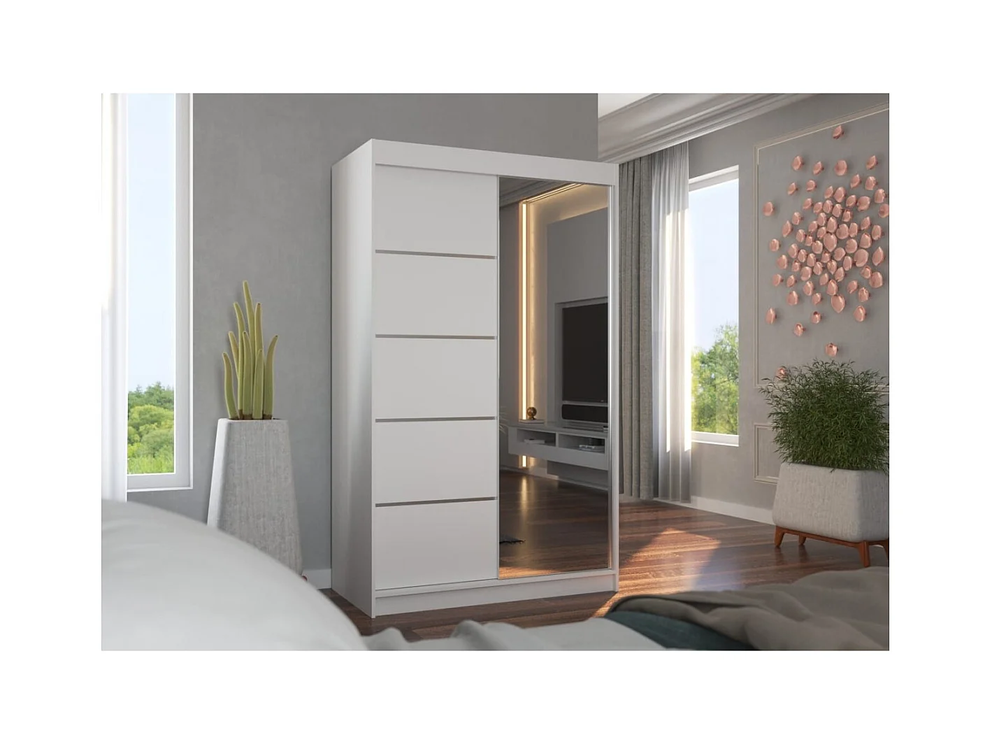 Armadio Lamma (120 cm)/ante scorrevoli/specchio/Bianco