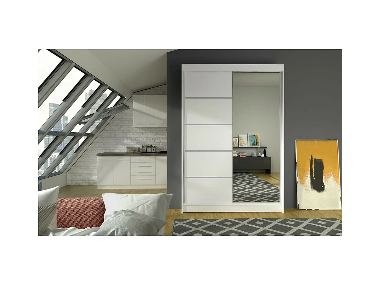 Armadio Lamma (120 cm)/ante scorrevoli/specchio/Bianco