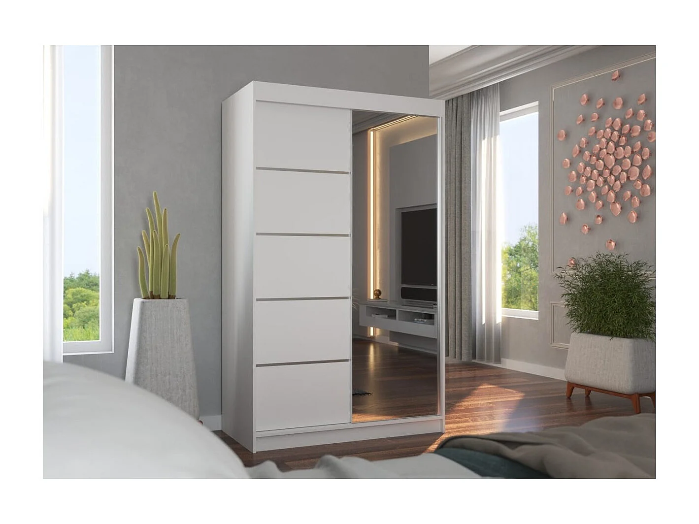 Kleiderschrank Lamma (120cm)/Schiebetüren/Spiegel/Weiss