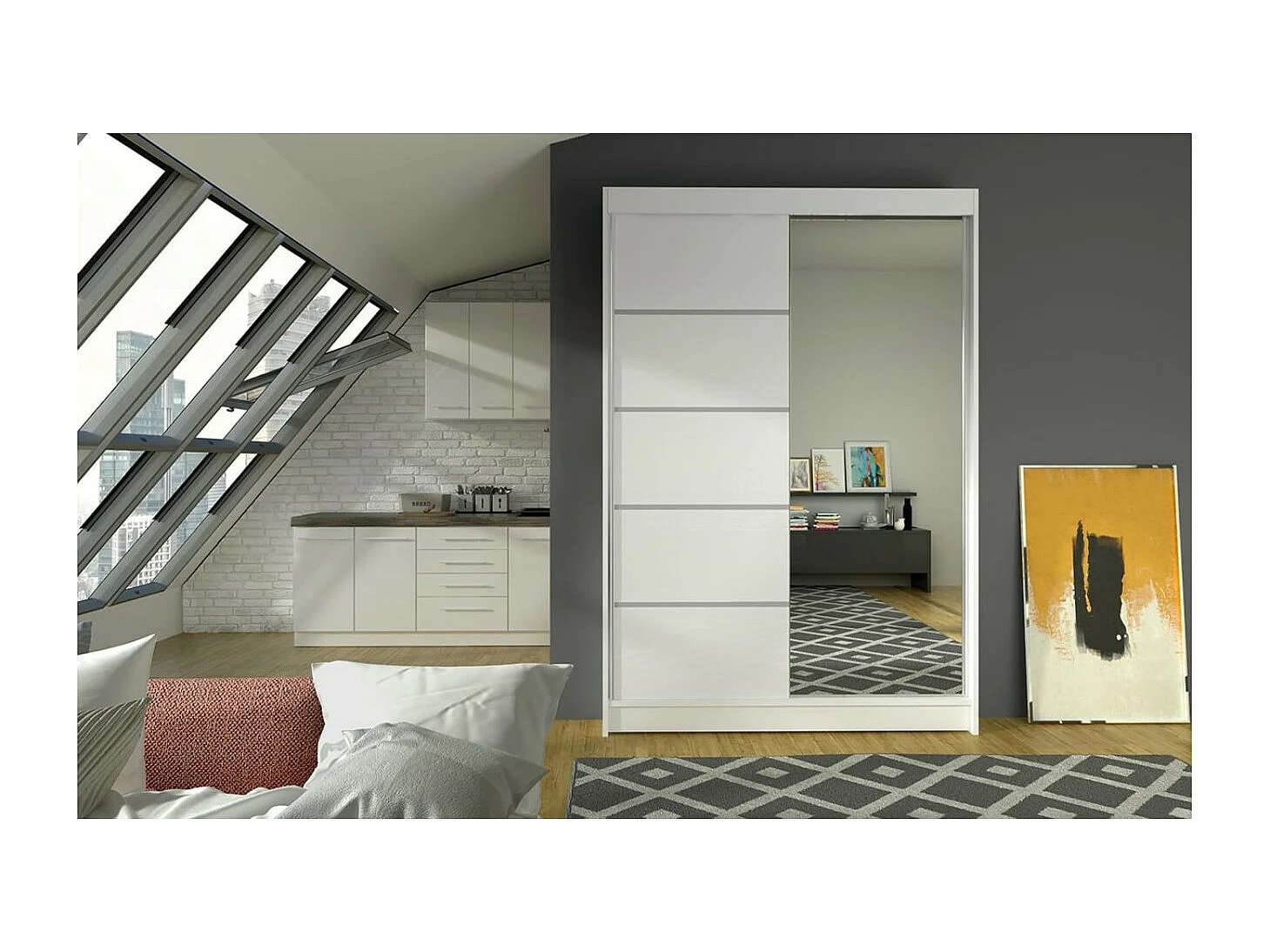 Kleiderschrank Lamma (120cm)/Schiebetüren/Spiegel/Weiss