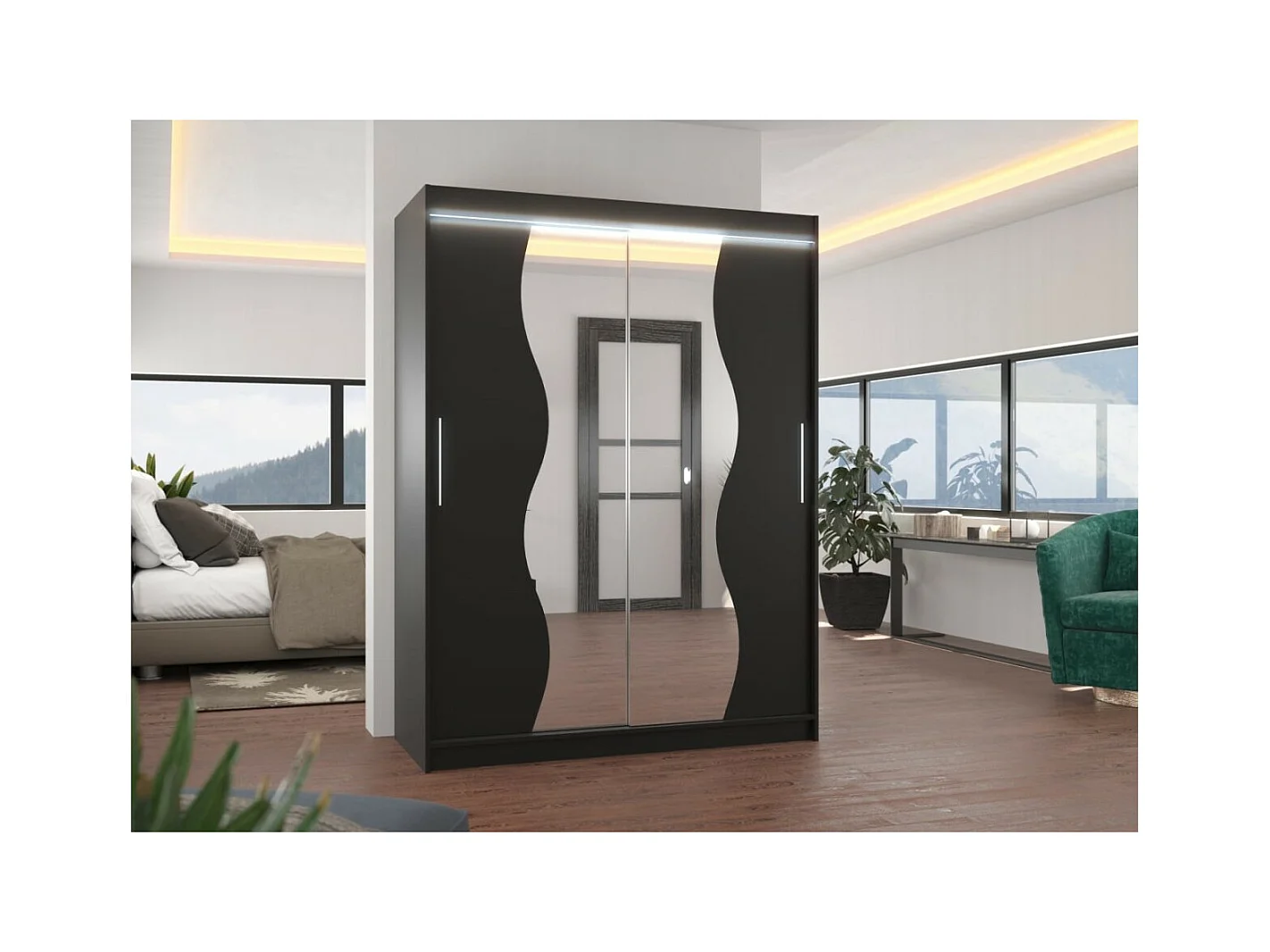 Armoire Lenzo (150cm)/portes coulissantes/LED/miroir/Noir