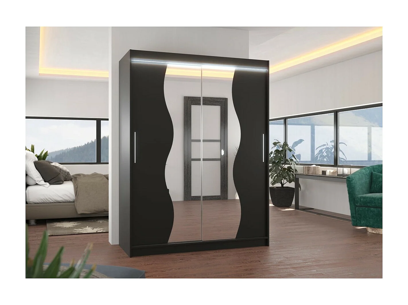 Armoire Lenzo (150cm)/portes coulissantes/LED/miroir/Noir