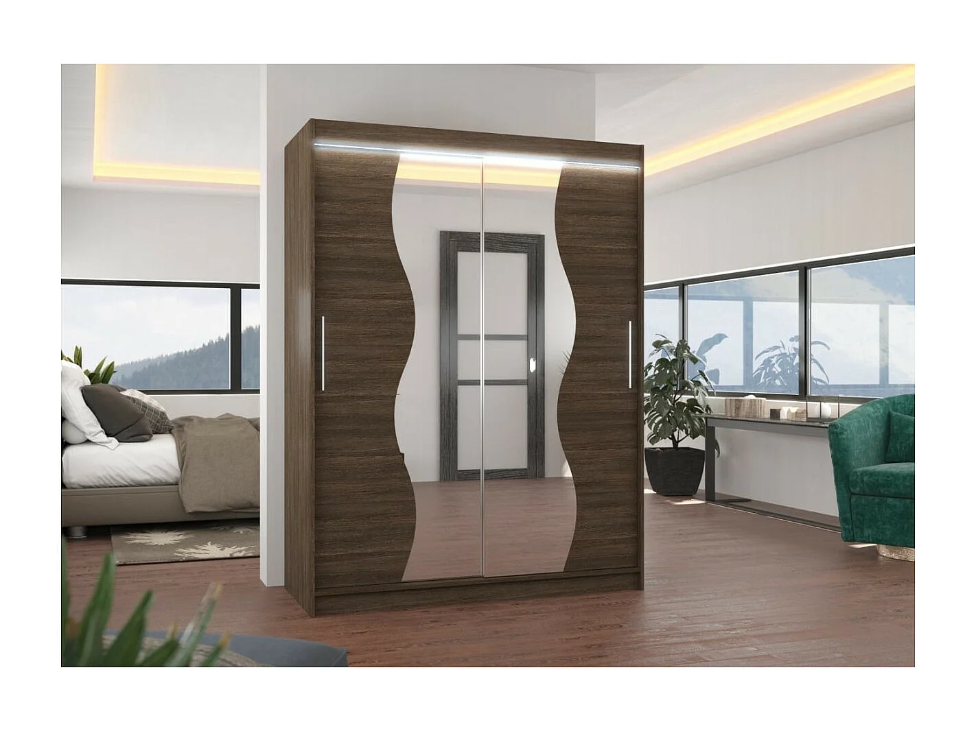 Armoire Lenzo (150cm)/portes coulissantes/LED/miroir/Marron