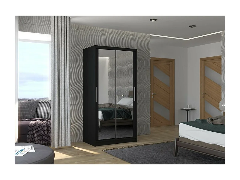 Armadio Rivio (100cm)/ante scorrevoli/specchio/Nero