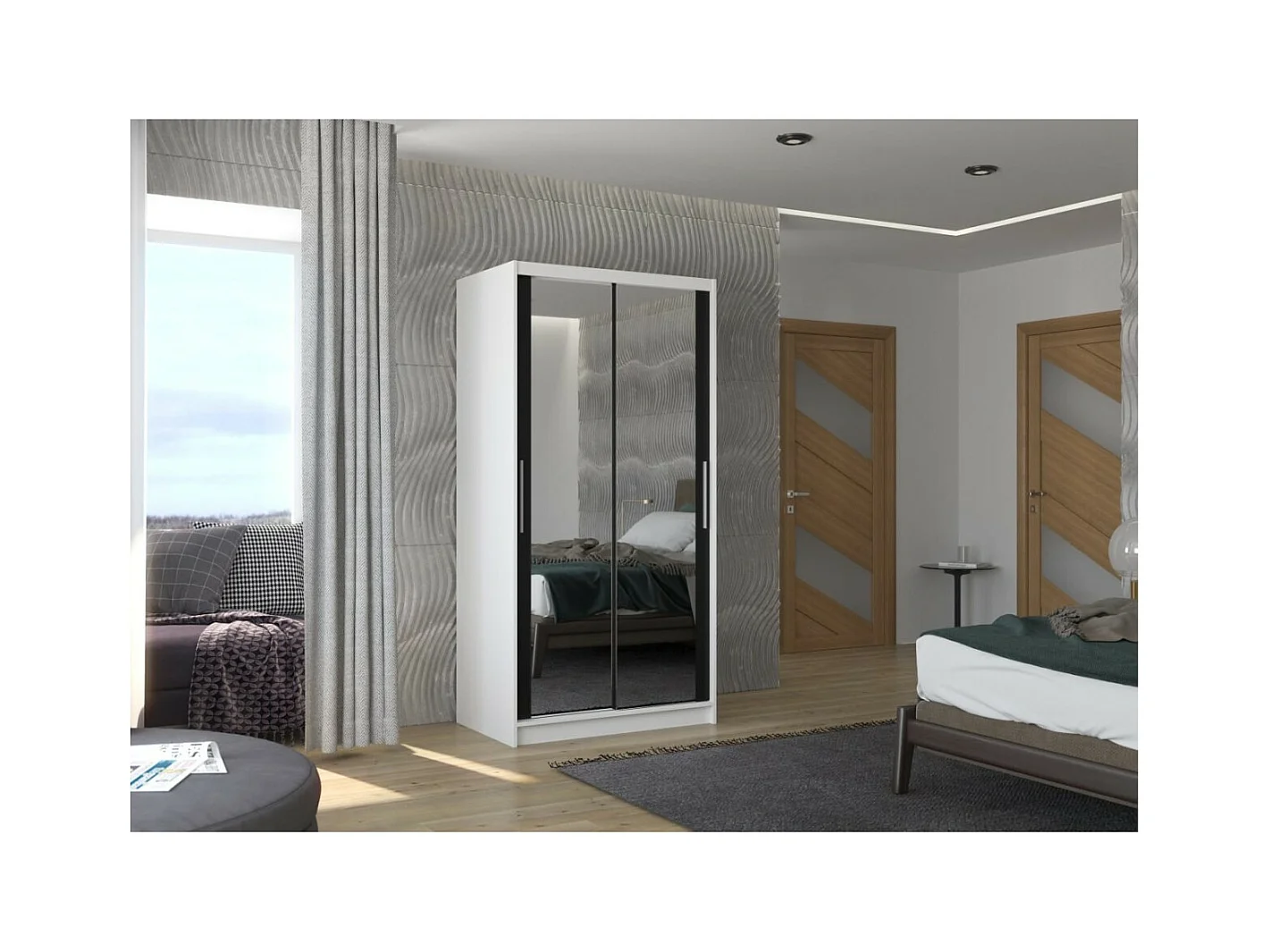 Kleiderschrank Rivio (100cm)/Schiebetüren/Spiegel/Weiss&Schwarz