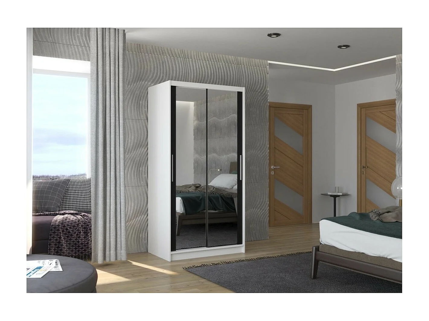 Armadio Rivio (100cm)/ante scorrevoli/specchio/bianco&Nero