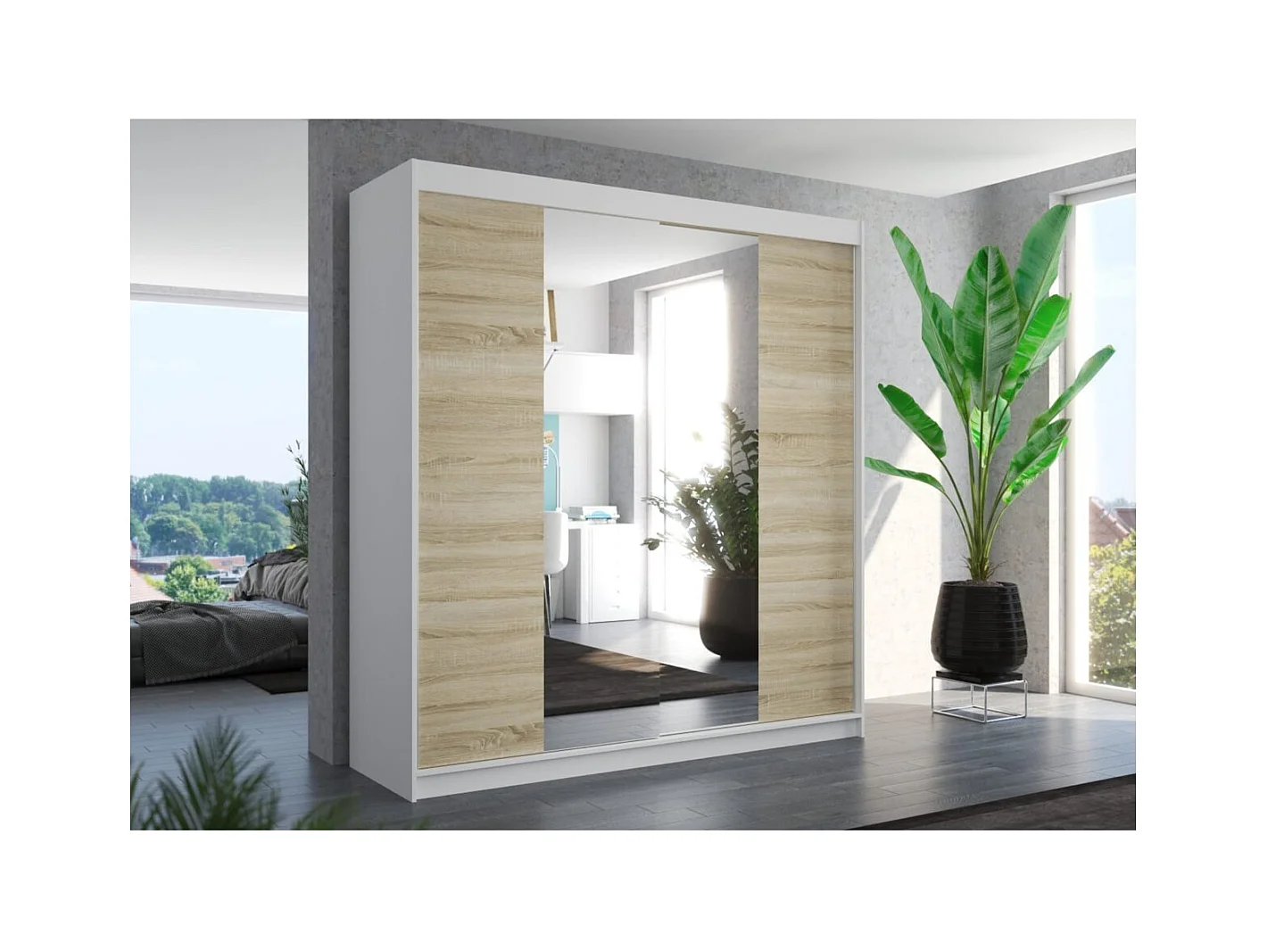 Armadio Pera (200cm)/ante scorrevoli/specchio/Bianco&Sonoma