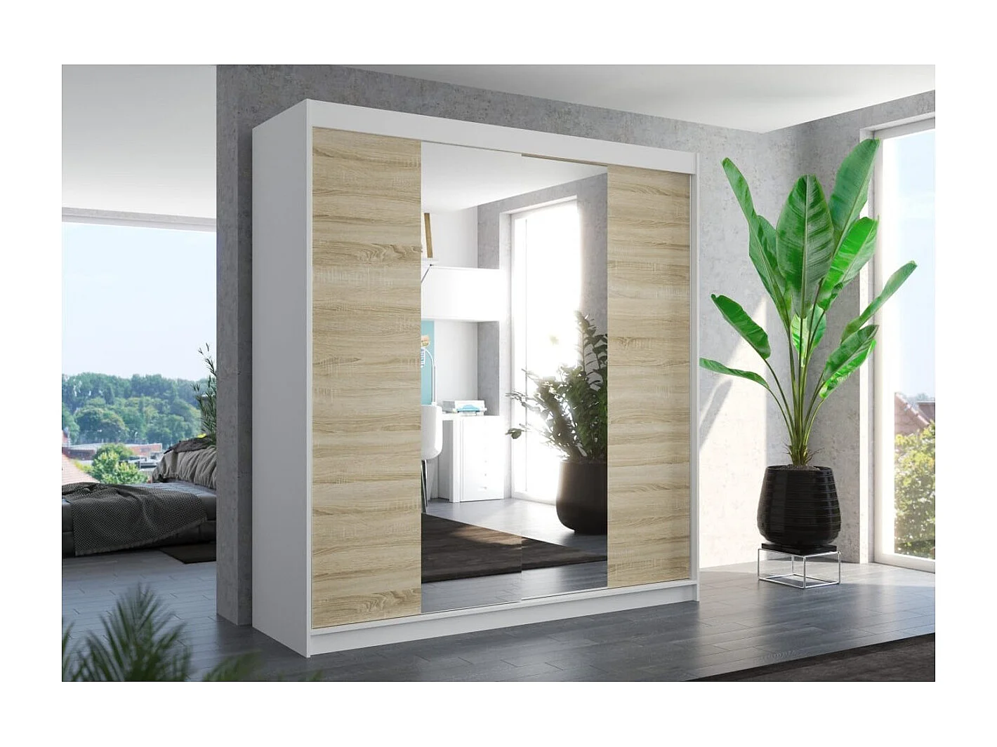 Armoire Pera (200cm)/portes coulissantes/miroir/Blanc&Sonoma