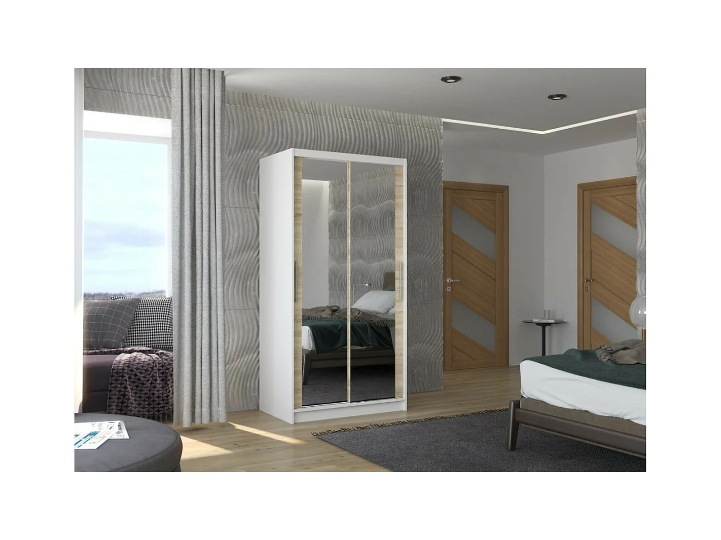 Kleiderschrank Rivio (100cm)/Schiebetüren/Spiegel/Weiss&Sonoma