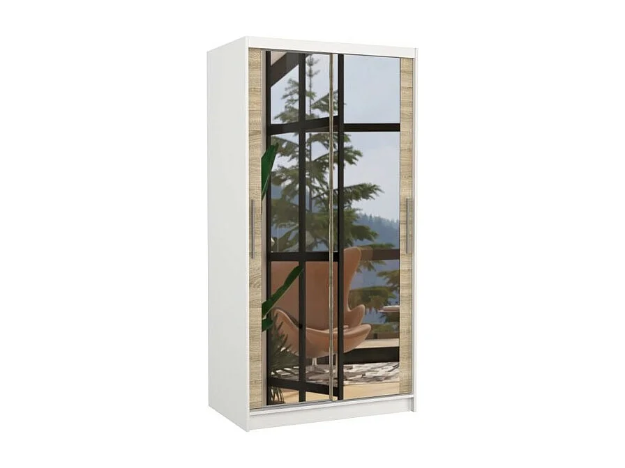 Armadio Rivio (100cm)/ante scorrevoli/specchio/Bianco&Sonoma