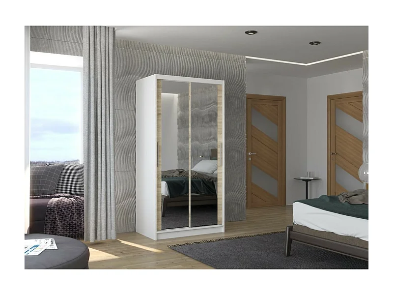 Kleiderschrank Rivio (100cm)/Schiebetüren/Spiegel/Weiss&Sonoma