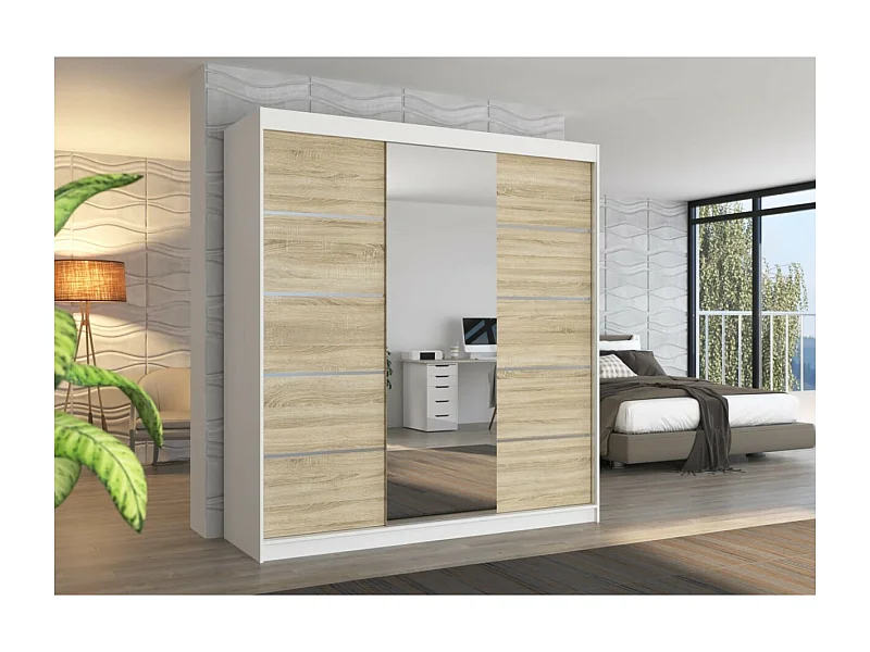 Armoire Luzia (200cm)/portes coulissantes/miroir/Blanc&Sonoma