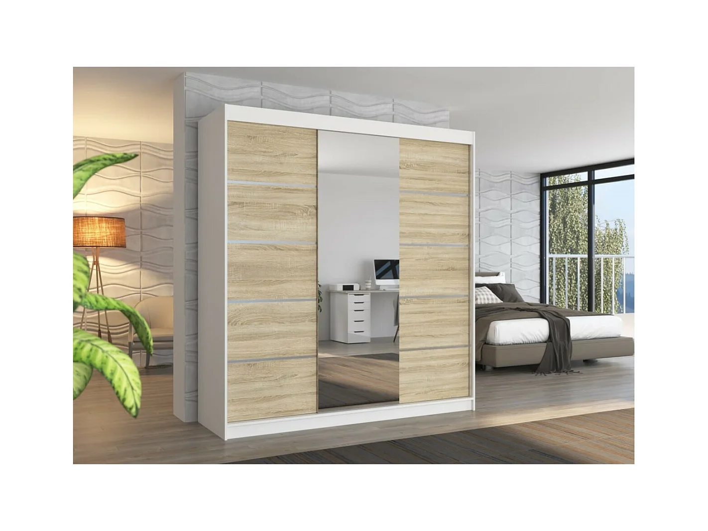 Armadio Luzia (200cm)/ante scorrevoli/specchio/Bianco&Sonoma