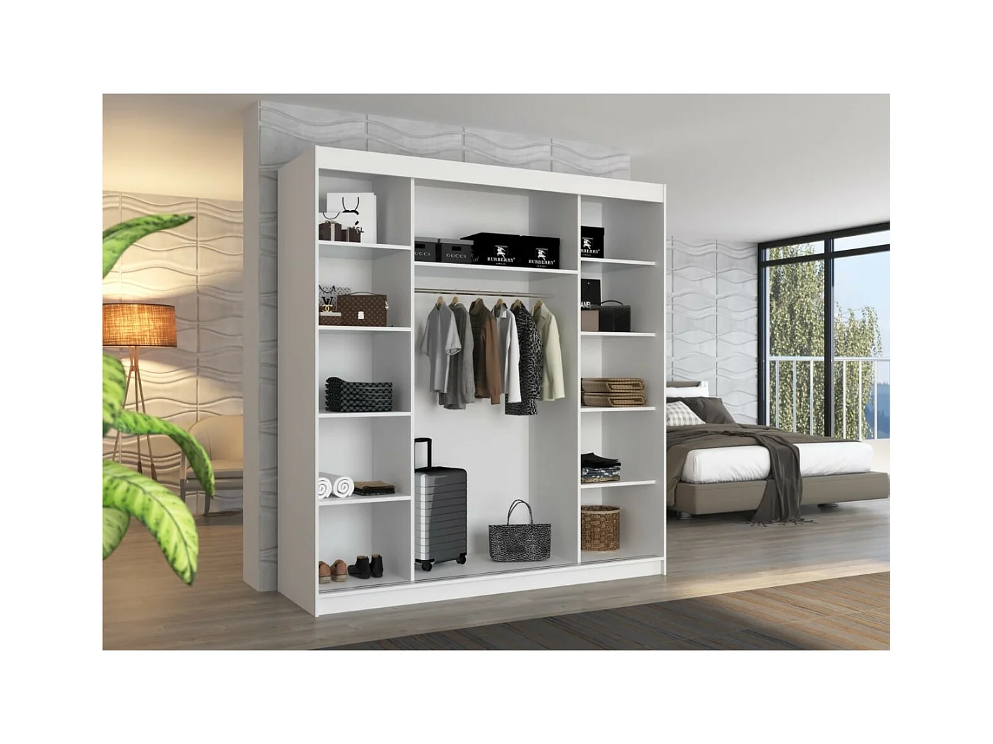 Armadio Luzia (200cm)/ante scorrevoli/specchio/Bianco&Sonoma