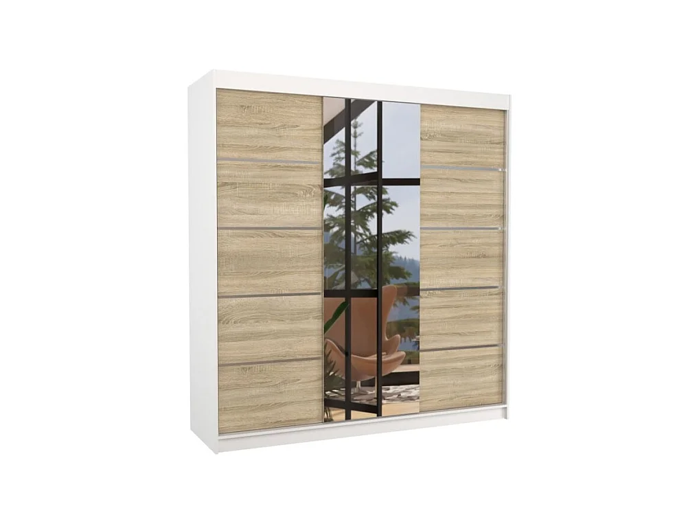 Armadio Luzia (200cm)/ante scorrevoli/specchio/Bianco&Sonoma
