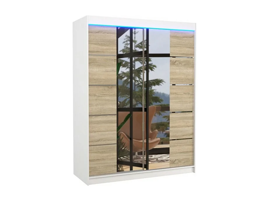 Kleiderschrank Swedy (150cm)/Schiebetüren/LED/Spiegel/Weiss&Sonoma