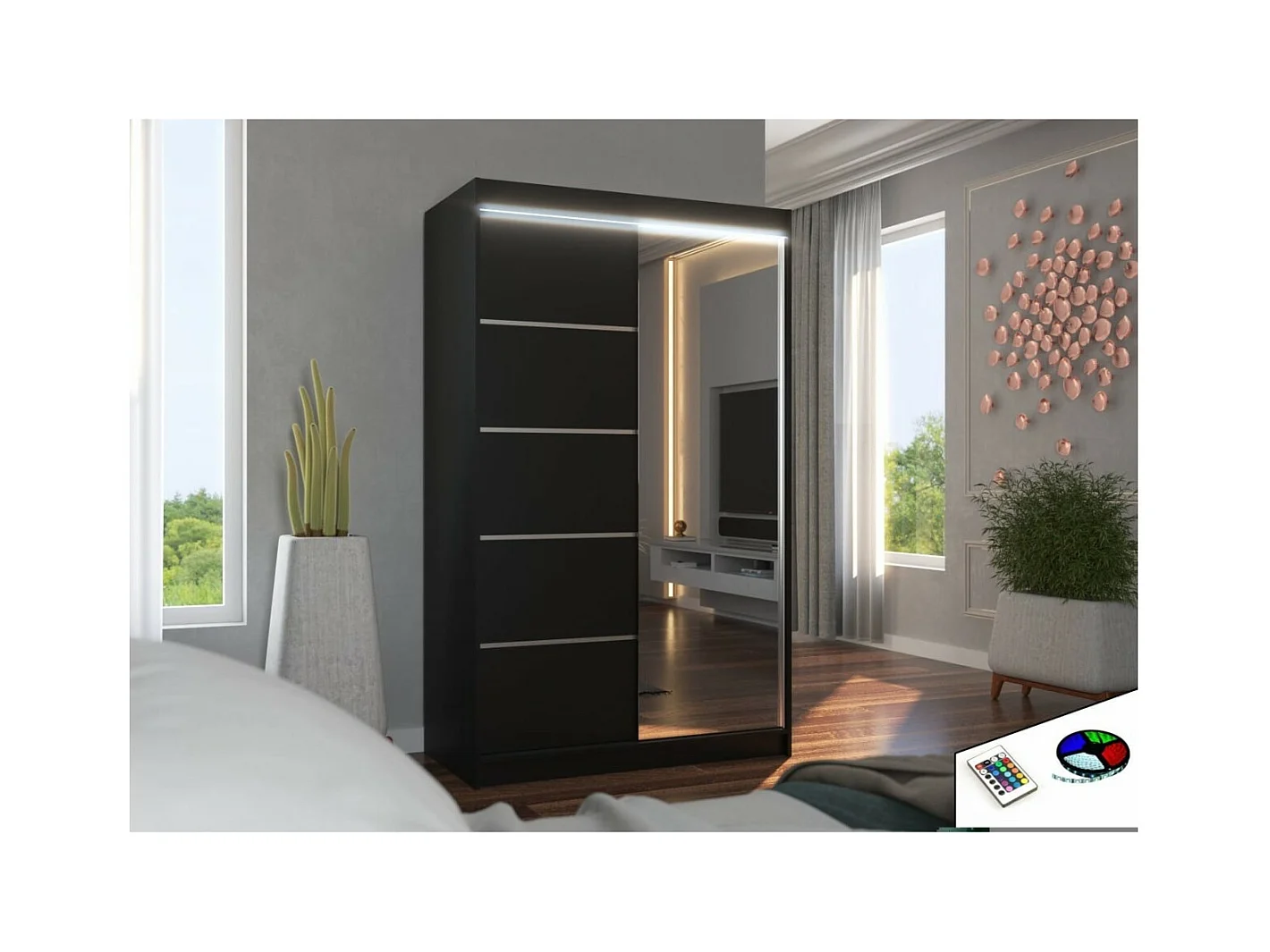 Armoire Lamma (120cm)/portes coulissantes/LED/miroir/Noir