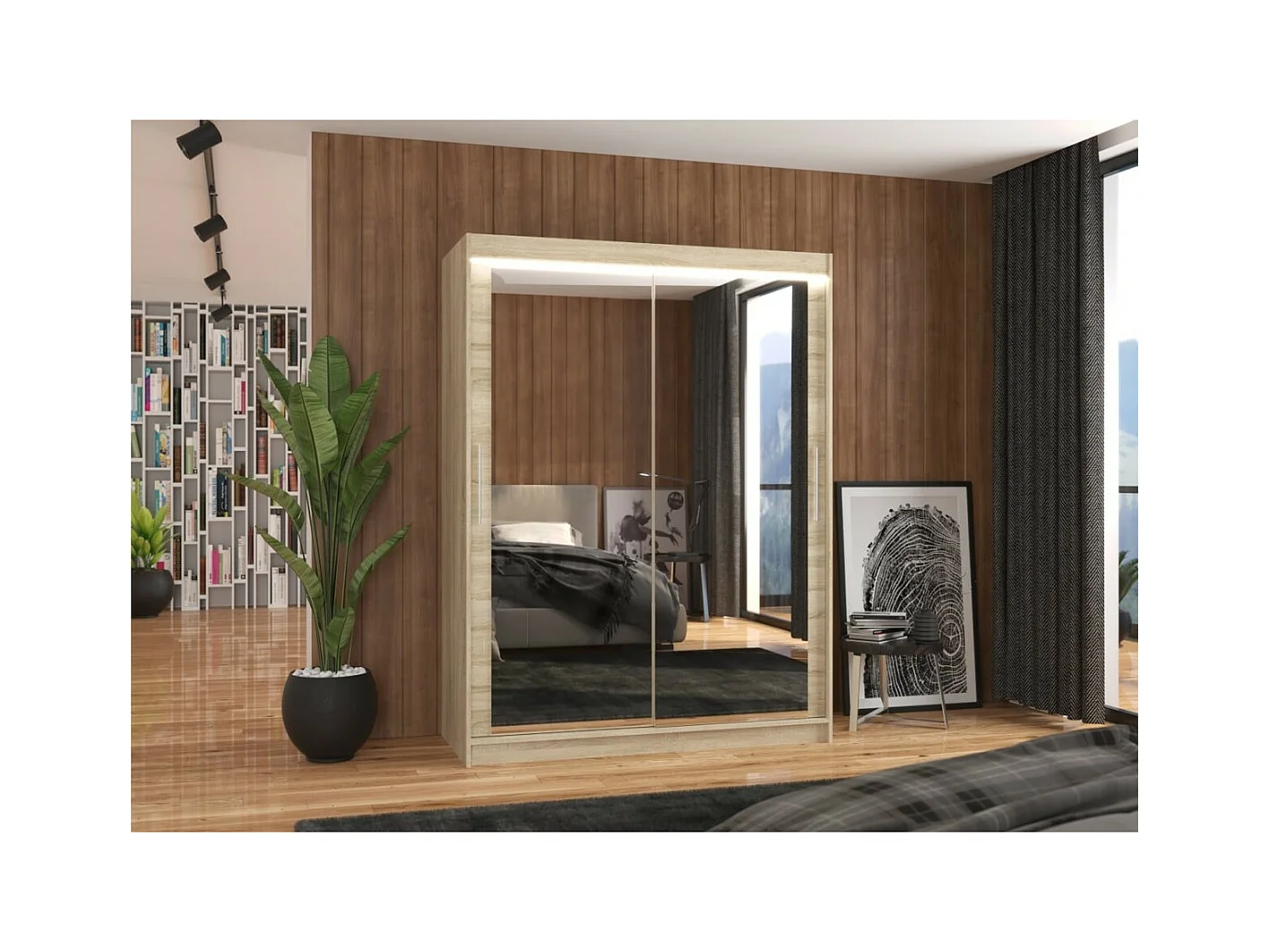 Kleiderschrank Vermo (150cm)/Schiebetüren/LED/Spiegel/Sonoma