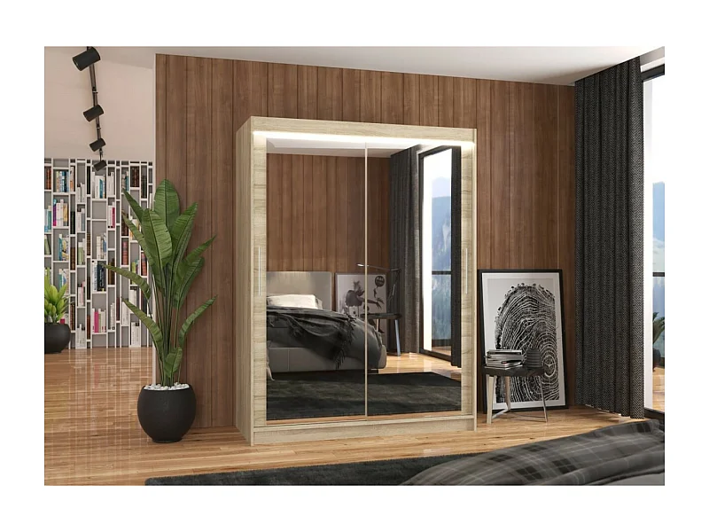 Kleiderschrank Vermo (150cm)/Schiebetüren/LED/Spiegel/Sonoma