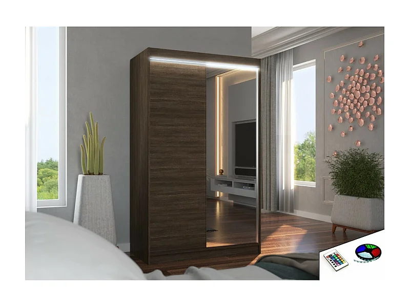 Armoire Reyna (120cm)/portes coulissantes/LED/miroir/Marron