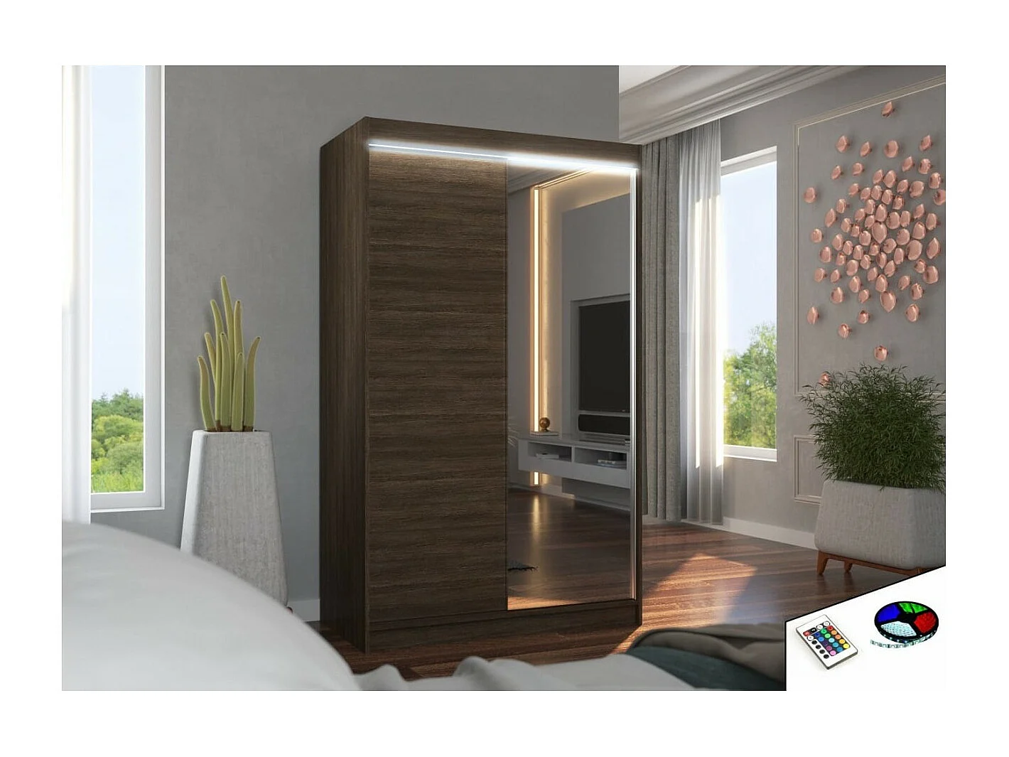 Armoire Reyna (120cm)/portes coulissantes/LED/miroir/Marron